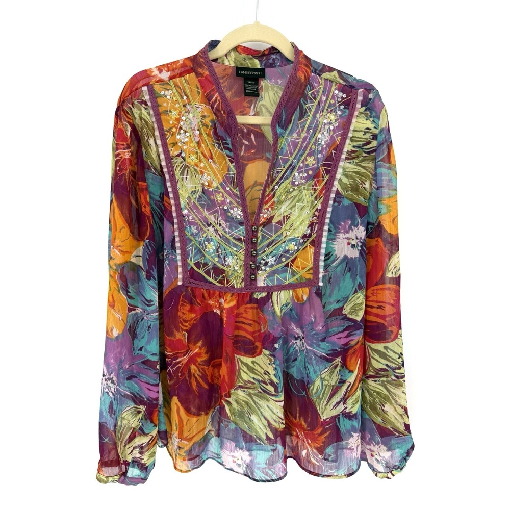 Lane Bryant Blouse Floral Semi Sheer Sequins Artsy All Over Print Festival 22/24